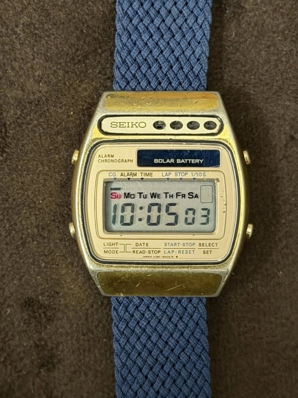 Seiko Solar Quartz Digital Alarm Chronograph Gold Tone Square Blue Nylon Strap